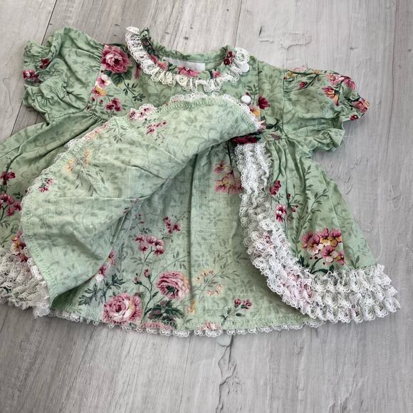 Vintage Jo Lene Floral Rose Lace Bow Dainty Girly Newborn Green Dress 0-3 Months - Picture 4 of 8